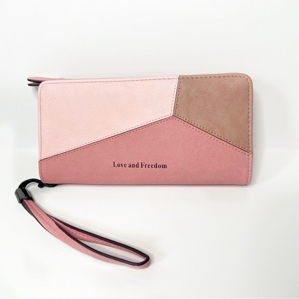 Love and Freedom Pink Geometric Color Block Clutch Wallet Wristlet Zip up